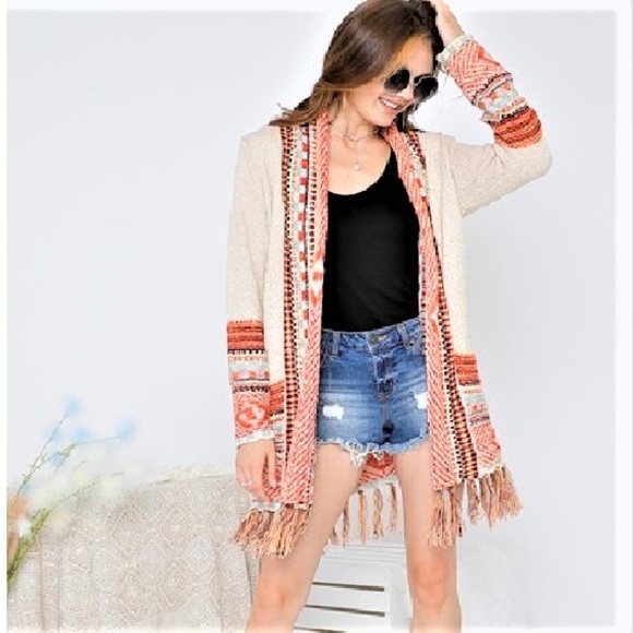 Glam Girl Fashion Sweaters - NWT Aztec Print Fringed Long Knit Boho Cardigan